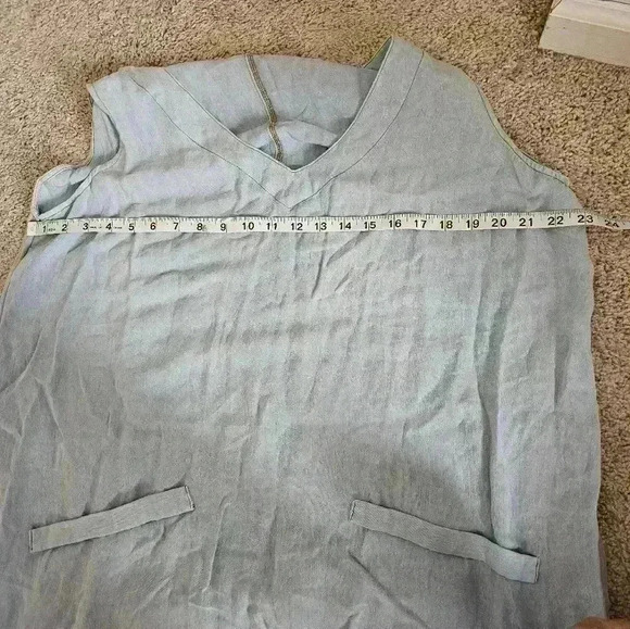 Umgee Blue Chambray Swing Dress Sleeveless Rag Hem V-Neck Size 1X Faux Pocket - Picture 5 of 6